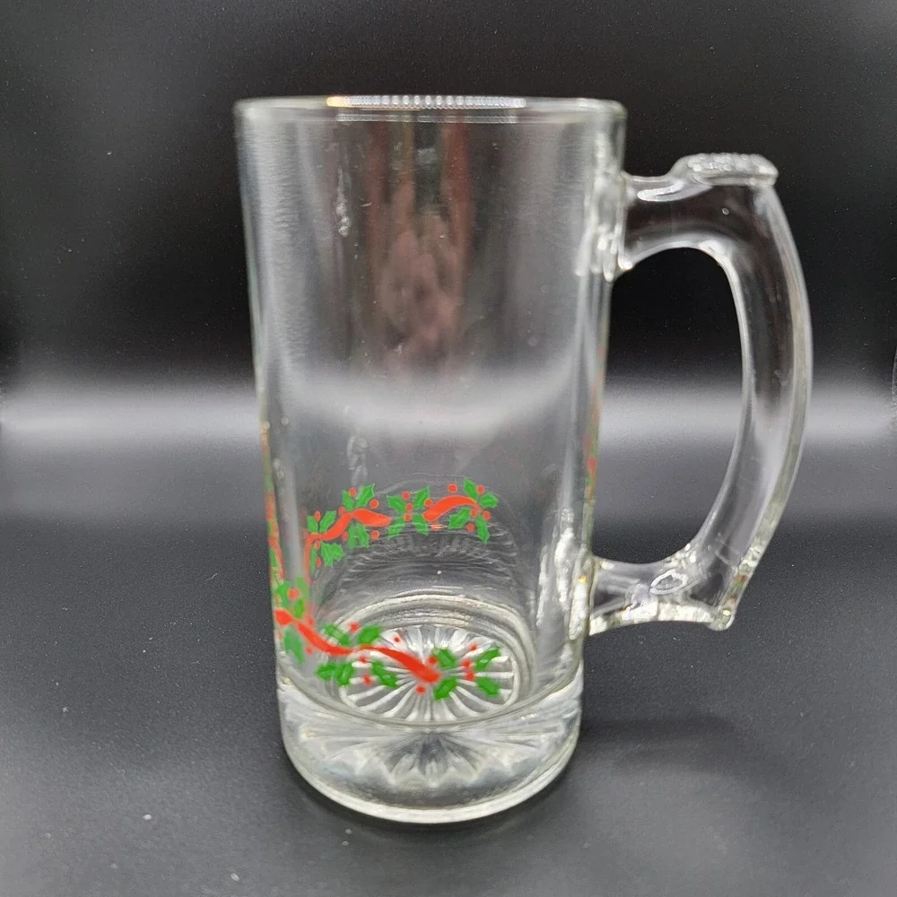 Libbey Glass Irish Beer Mugs Christmas Holly & Ribbon 2 Pieces